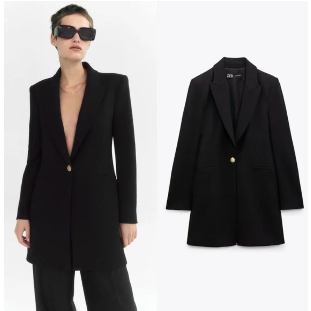 Zara Womens Black Longline Structured Blazer Peaked Crest Button Size M X123